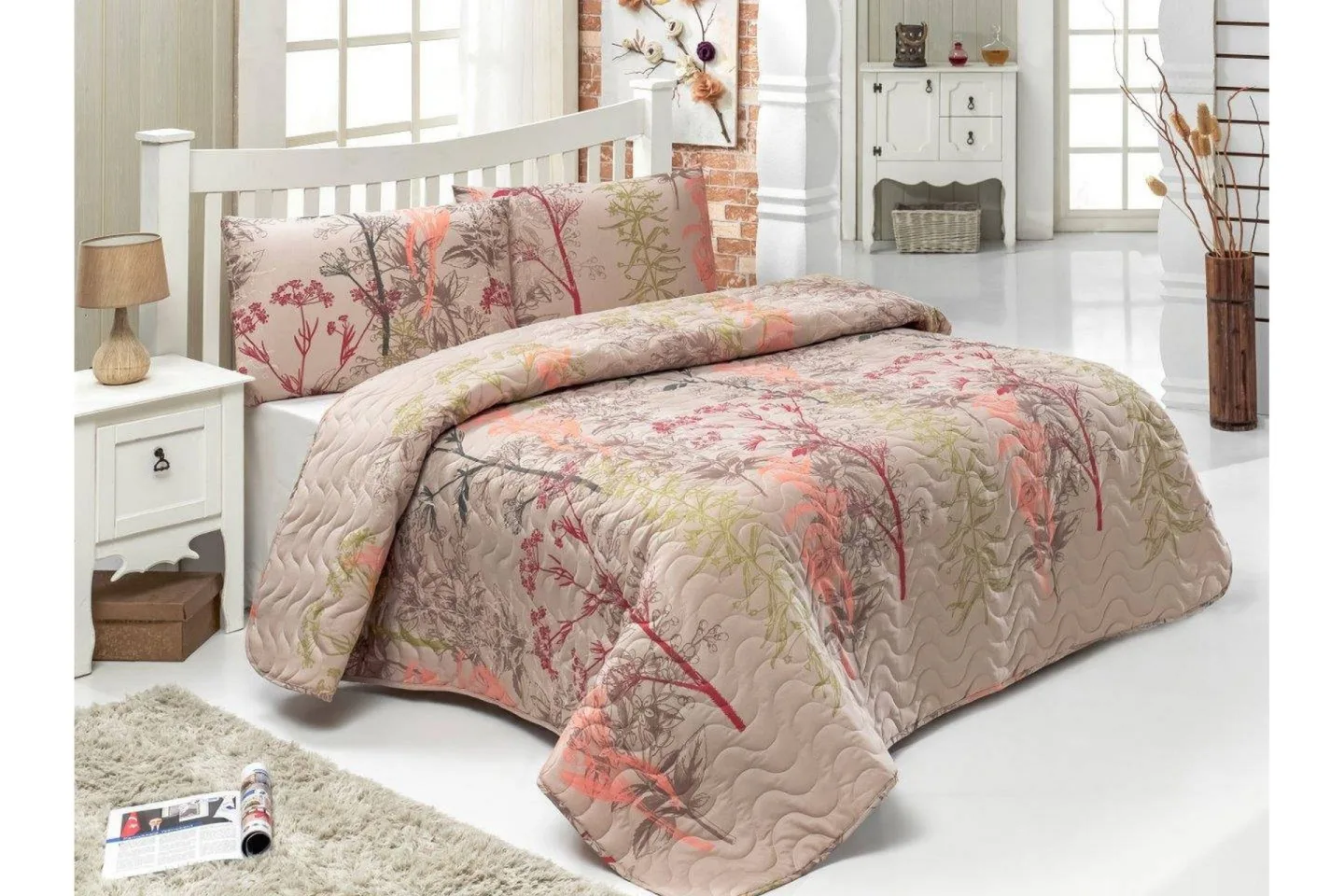 Eponj Home Överkast Enkelt 160x220+Kuddfodral Quiltat - Beige/Röd/Rosa/Grön