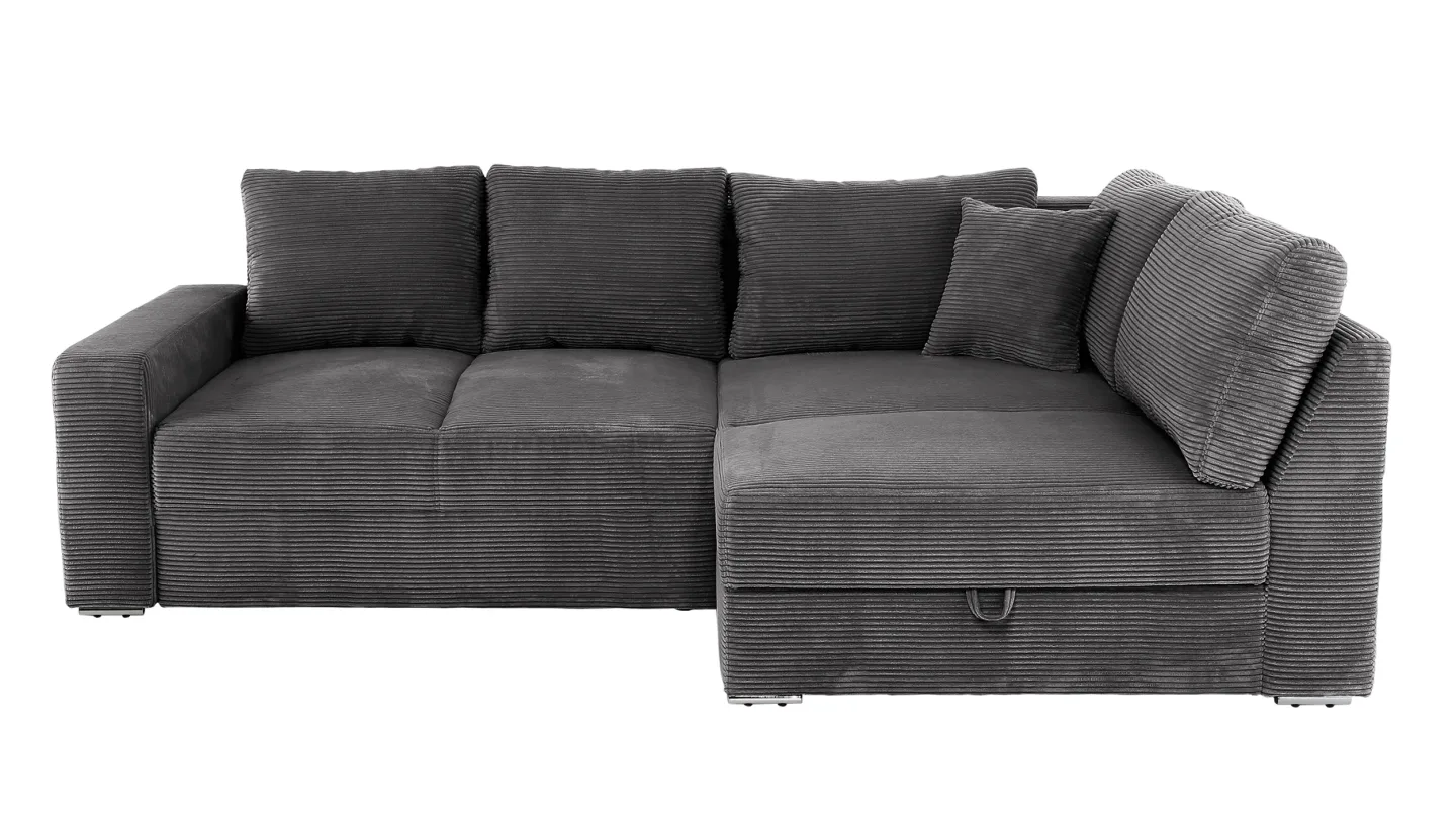 Ecksofa Schlaffunktion Cord grau - Bettkasten 260 cm - JANIS