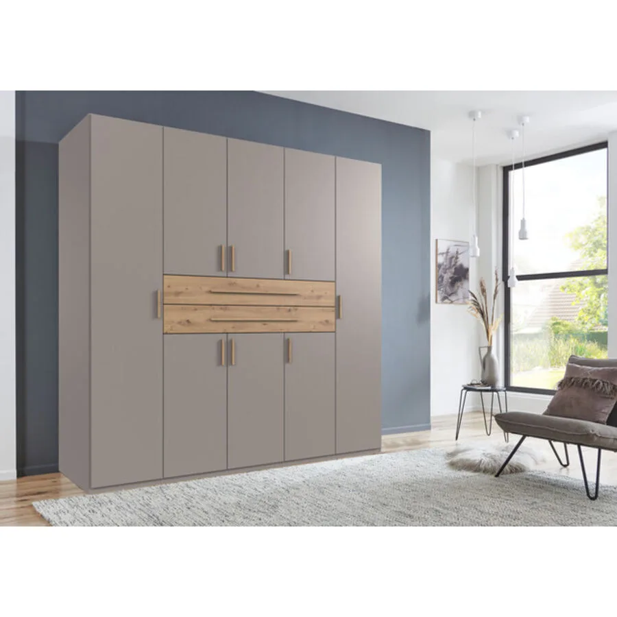 Kleiderschrank Stride Saharagrau, Abs. Artisan-Eiche-Nachbildung - Griffe Artisan-Eiche-NB Mischholz B 225 cm