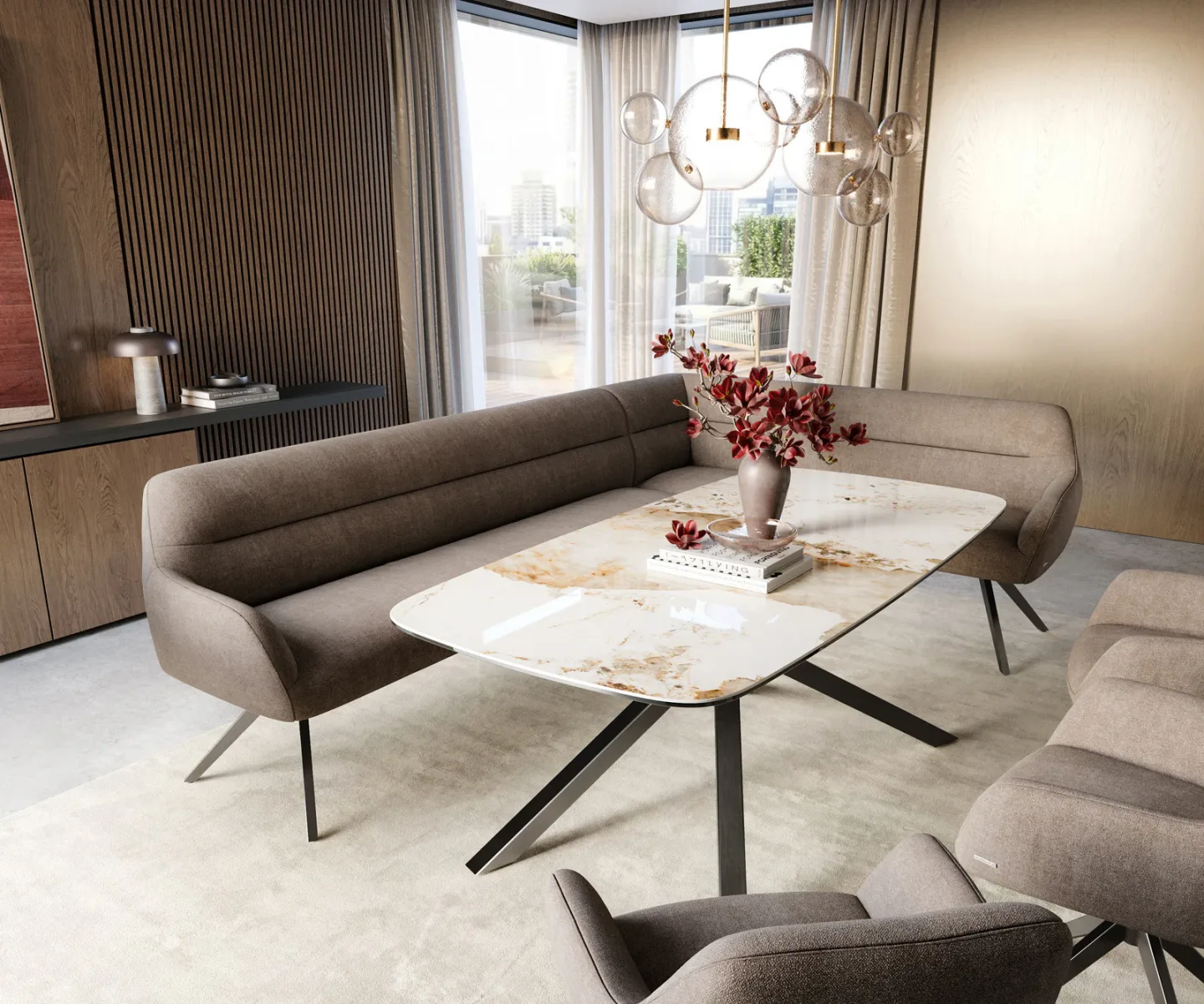 Esszimmerbank Taya-Flex 285x190 cm Strukturstoff Soft Taupe Kreuzgestell kantig Graphit Taschenfederkern Rechts