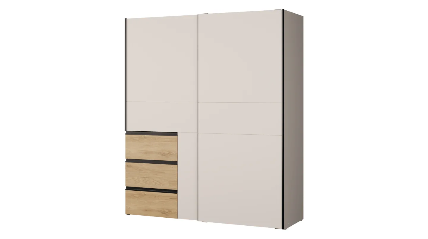 Schwebetürenschrank beige Wildeiche 170 cm mit Schubladen - WINN