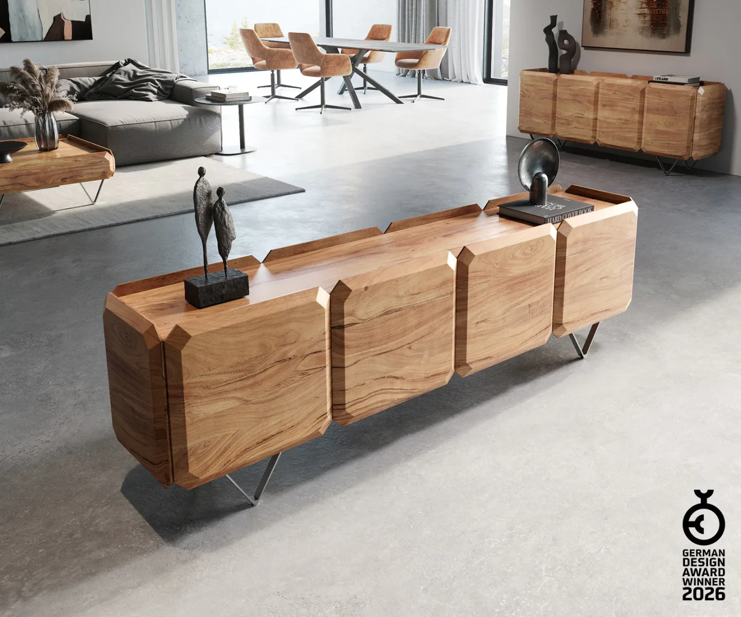 Lowboard Kiano 200 cm Akazie Natur 4 Türen V-Fuß Edelstahl Raumteiler