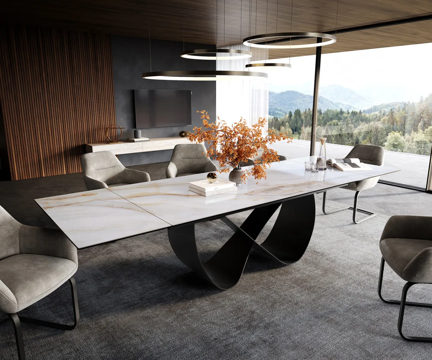 Esstisch Edge 200-300x100 cm Keramik Onyx Pearl Infinity Metall Schwarz ausziehbar