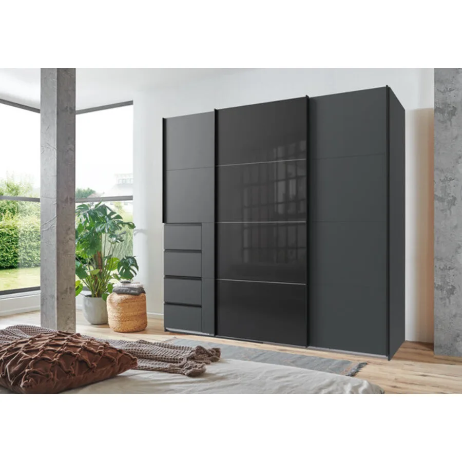 Kleiderschrank Cathy GRAPHIT + GLAS SCHWARZ Mischholz B 225 cm