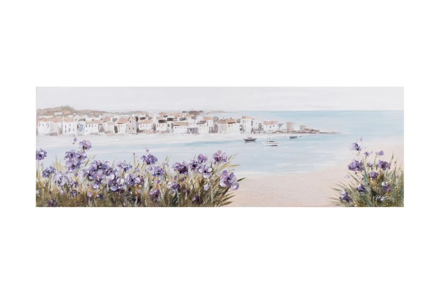 Oljemålning 50x150cm Strand Lila blommor -