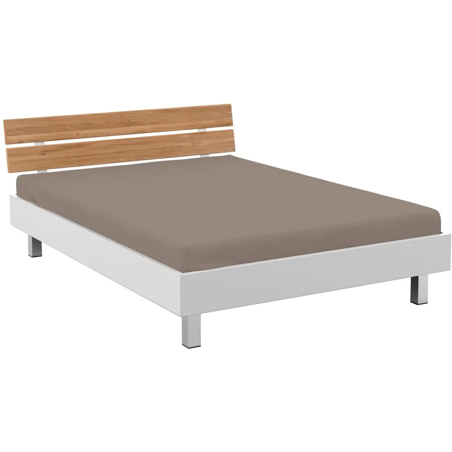 Modular Bett Smart Weiss, Natur, Chrom Holzwerkstoff, Wildeiche, Chrom Massivholz 120 x 200 cm