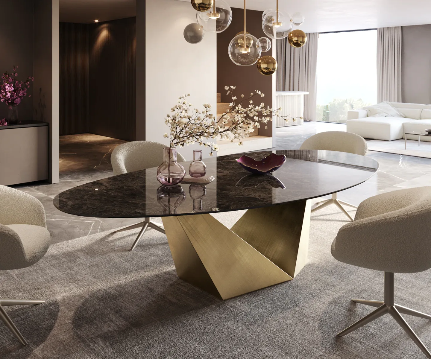 Esstisch Edge Oval 280x130 Keramik Emperador Extra Lucidato Dunkelbraun Prisma Metallic Gold
