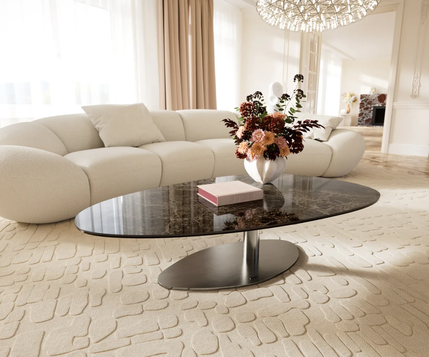 Couchtisch Edge Oval 140x75 cm Keramik Emperador Extra Lucidato Dunkelbraun Vibany Edelstahl gebürstet