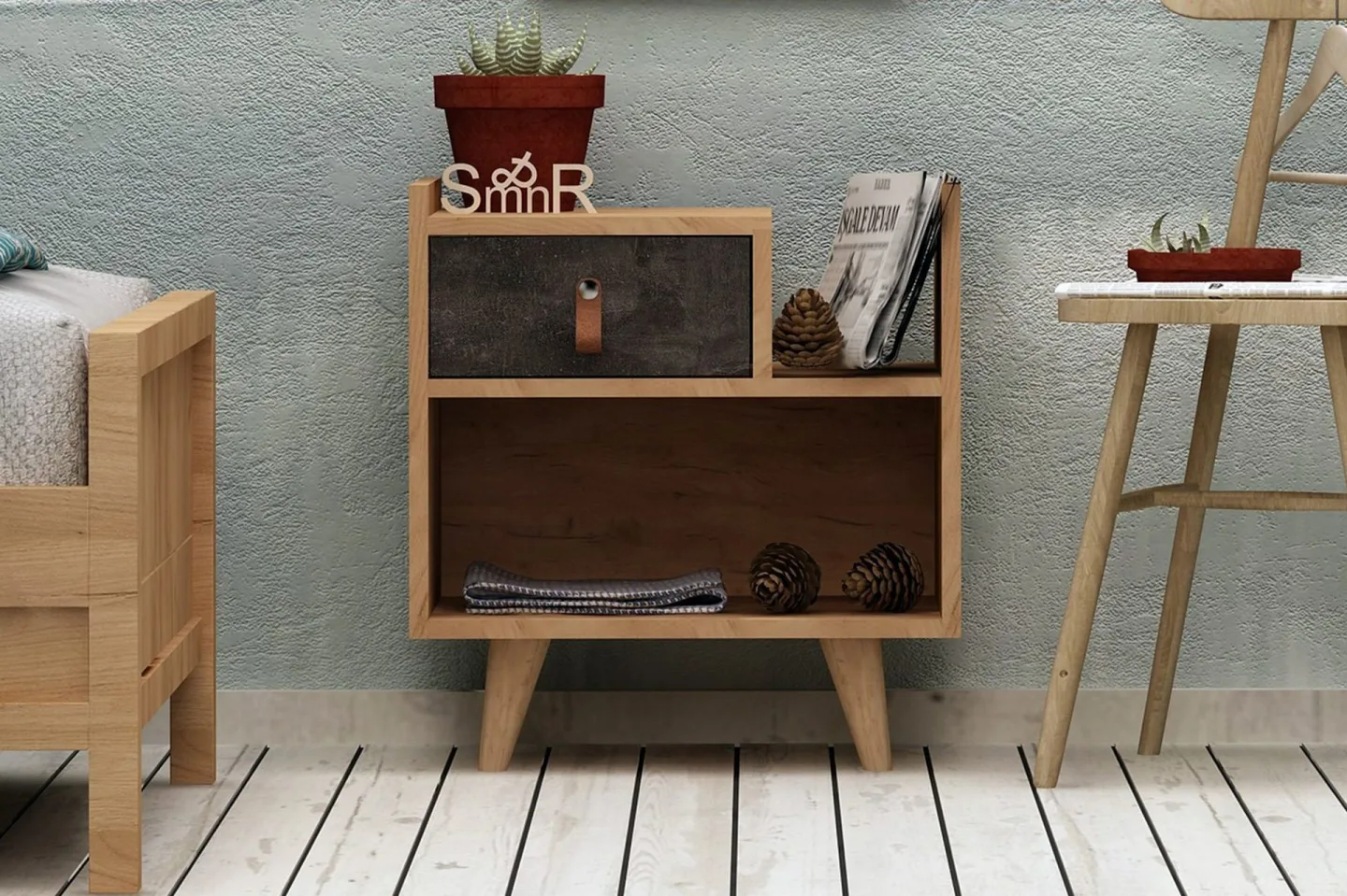 Mod Design Sängbord 50 cm med Förvaring Låda + Hylla Läderbe - Grå/Trä