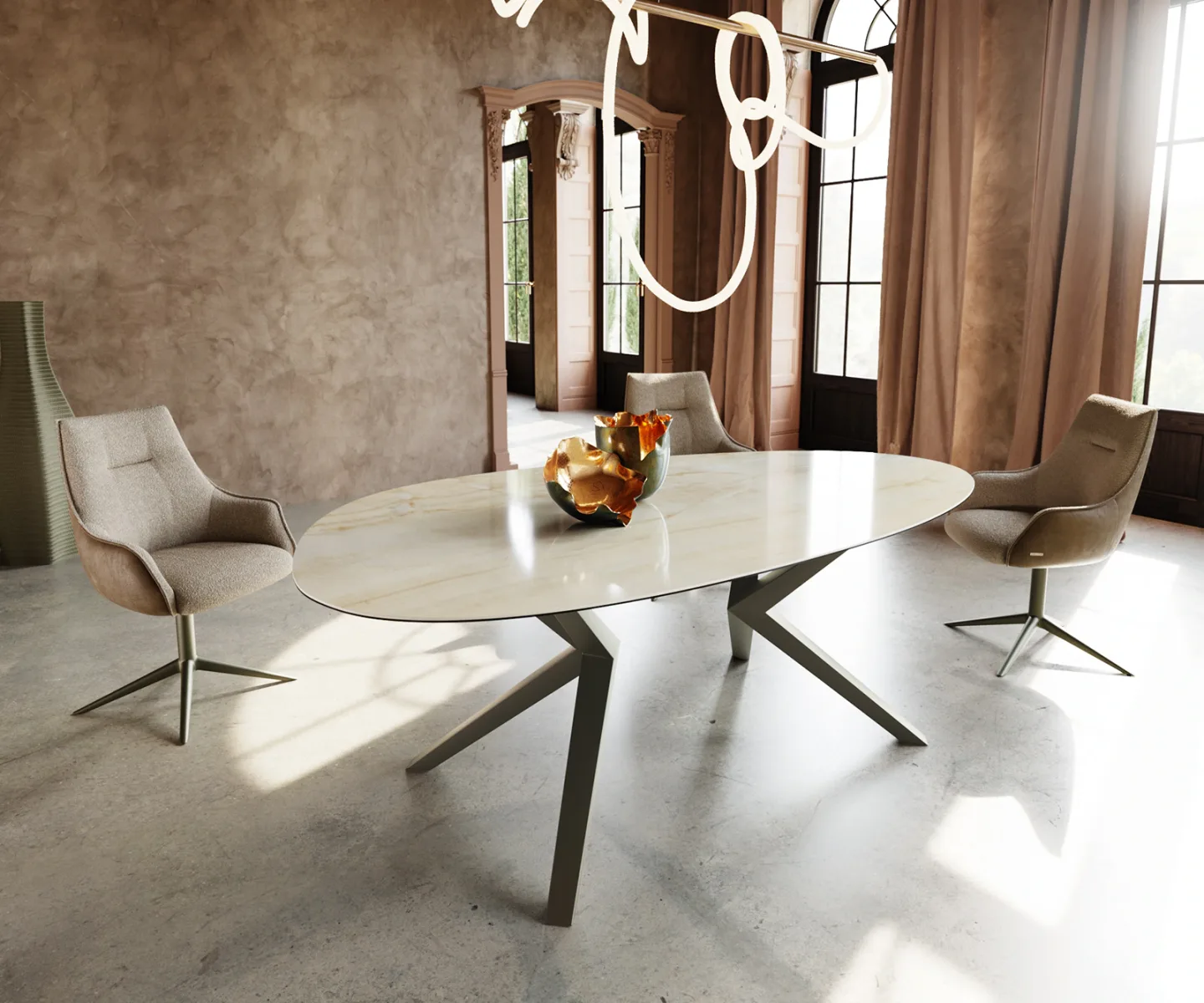 Esstisch Edge Oval 220x120 Keramik Iris FMG Onice Oro Zenthara kantig Metall Effektfinish Titan