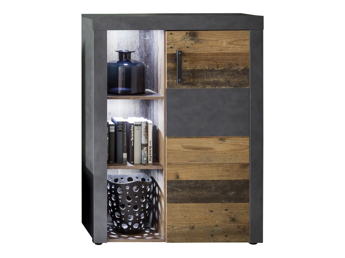 Irina Sideboard 1 Tür und 3 Ablagen, grau Matera, Old Wood Dekor.