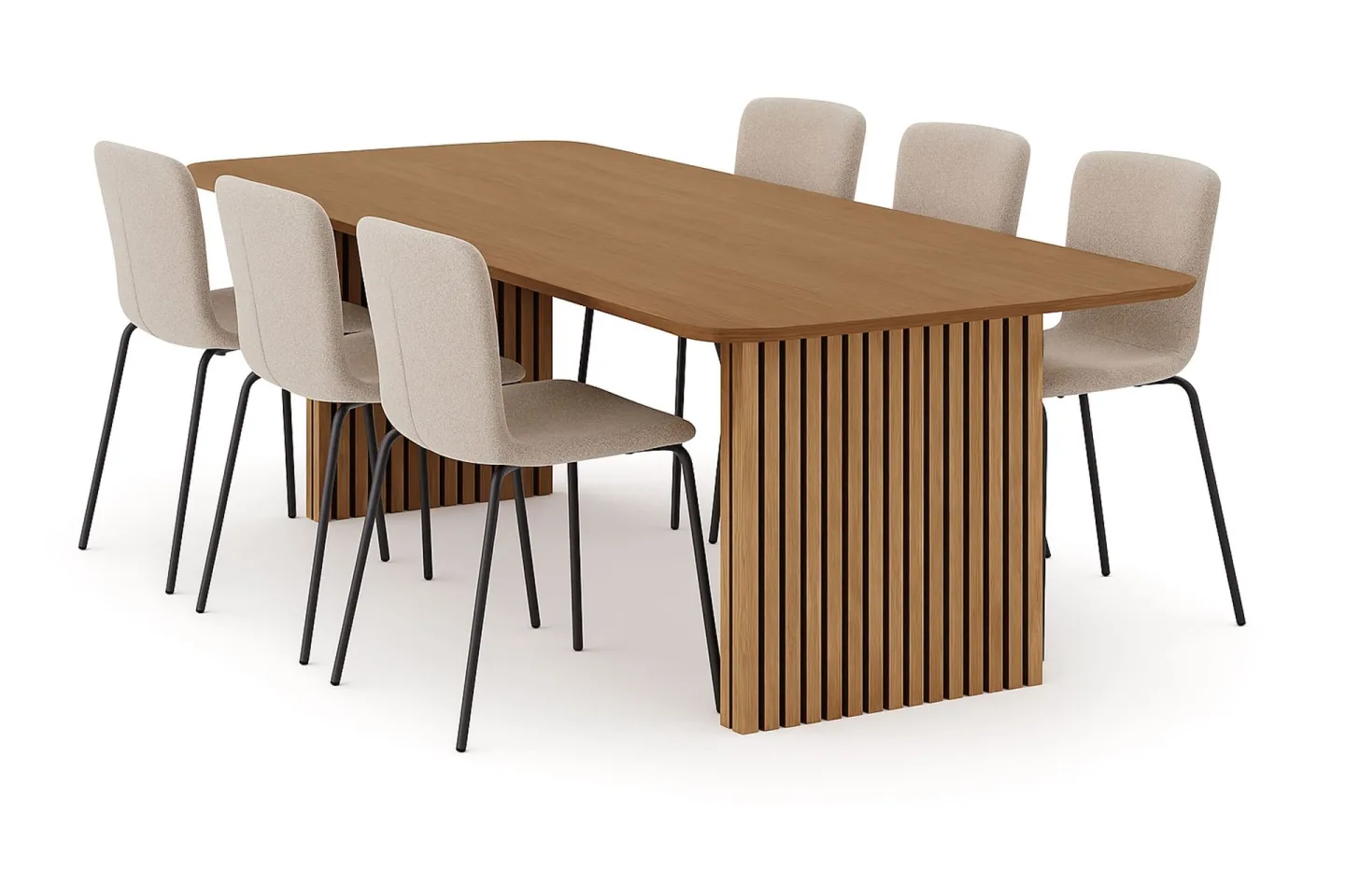 Richeto Matbord 240 cm med 6 Katy Matstolar - Naturlig finish / Greige Bouclé / Metallben Svart