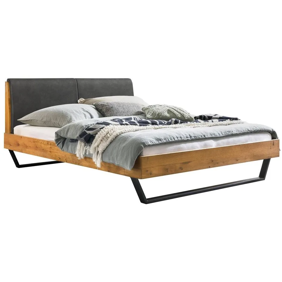 Hasena Bett Pollino Grau, Natur Wildeiche, Kunstleder, Metall Massivholz 160 x 200 cm