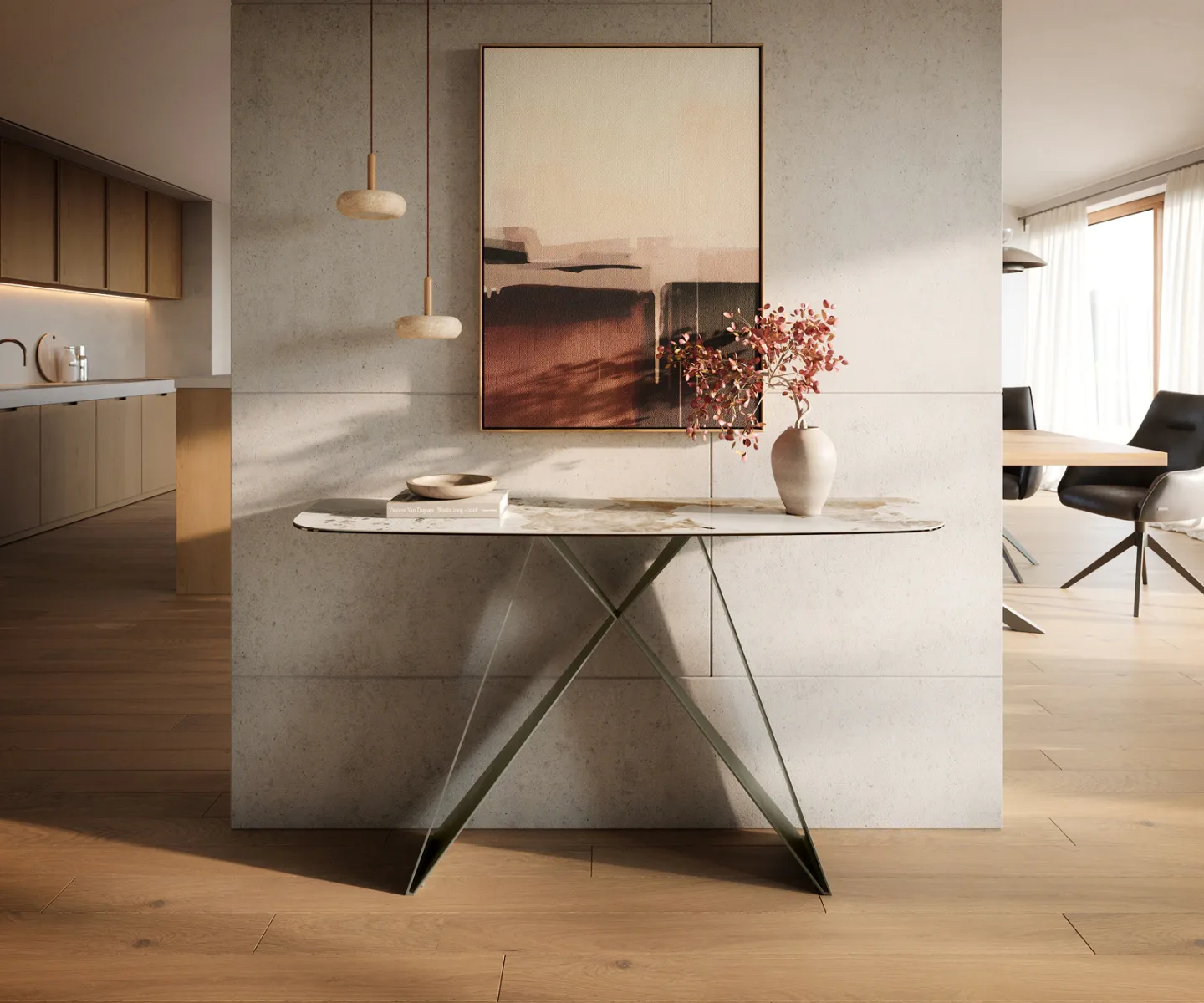 Konsolentisch Edge Boot 140x40 cm Keramik Minas Melange Weiß-Beige Velio Metall Effektfinish Titan