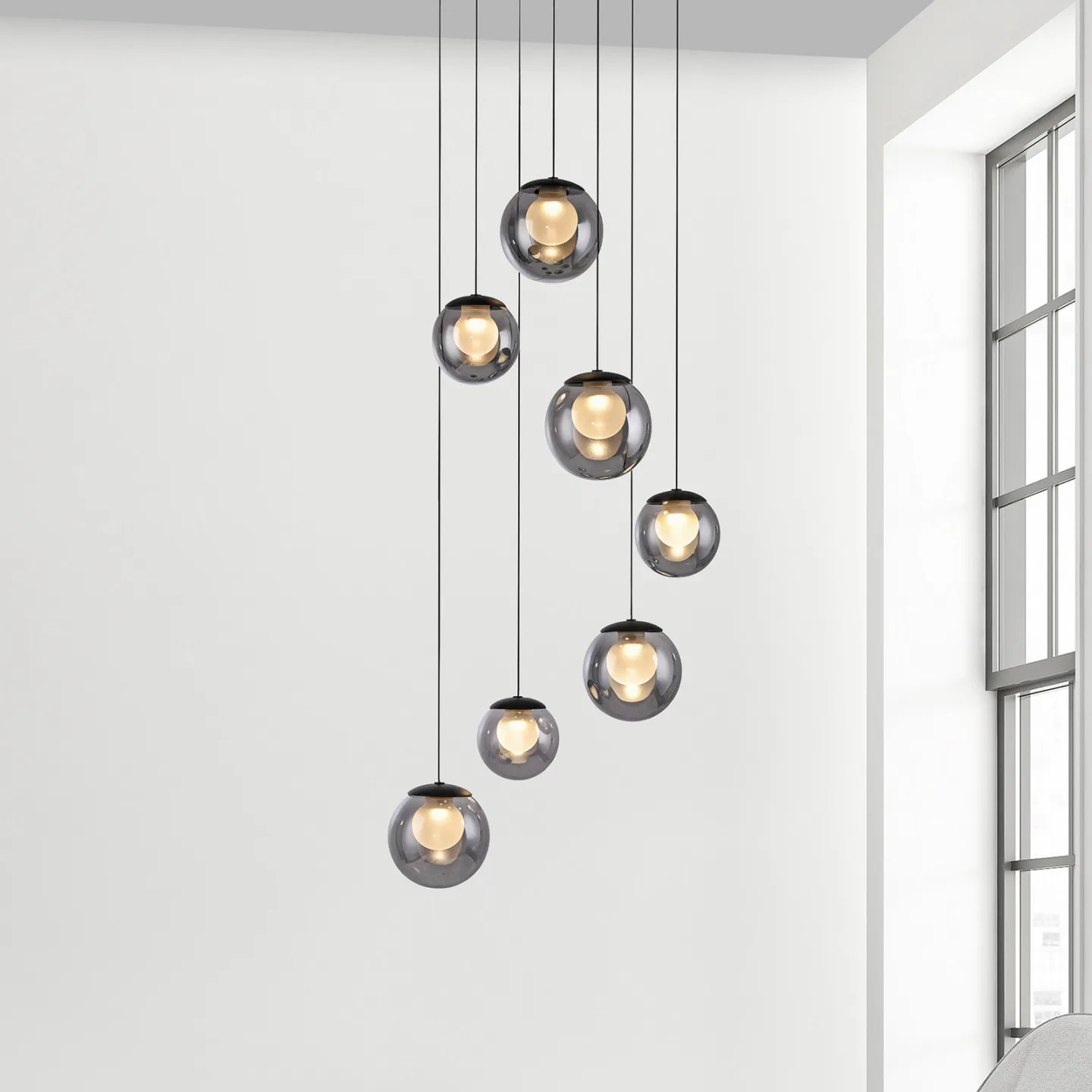 Popup LED-Hängelampe, grau/rauchgrau, Ø 40 cm, 7-flg. - PURE - Wohnzimmer - Glas - Mit Schirm