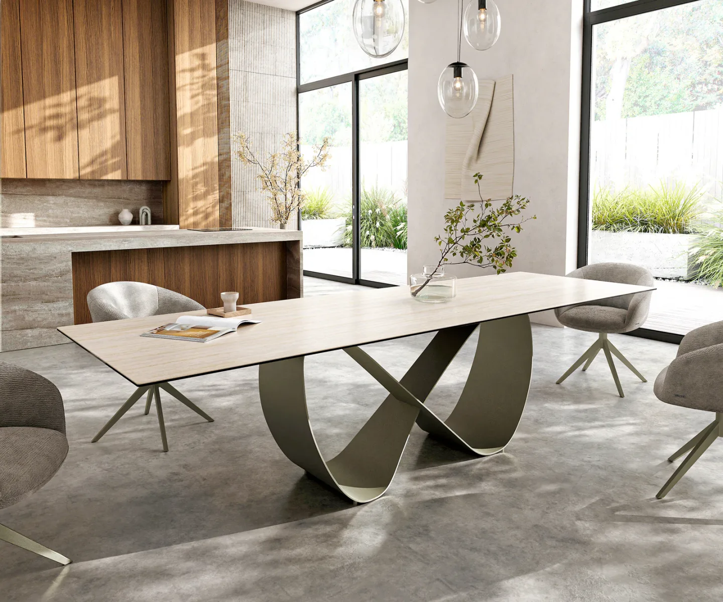 Esstisch Edge 300x100 Keramik Laminam® Travertino Bianco Creme-Weiß Infinity Metall Effektfinish Titan