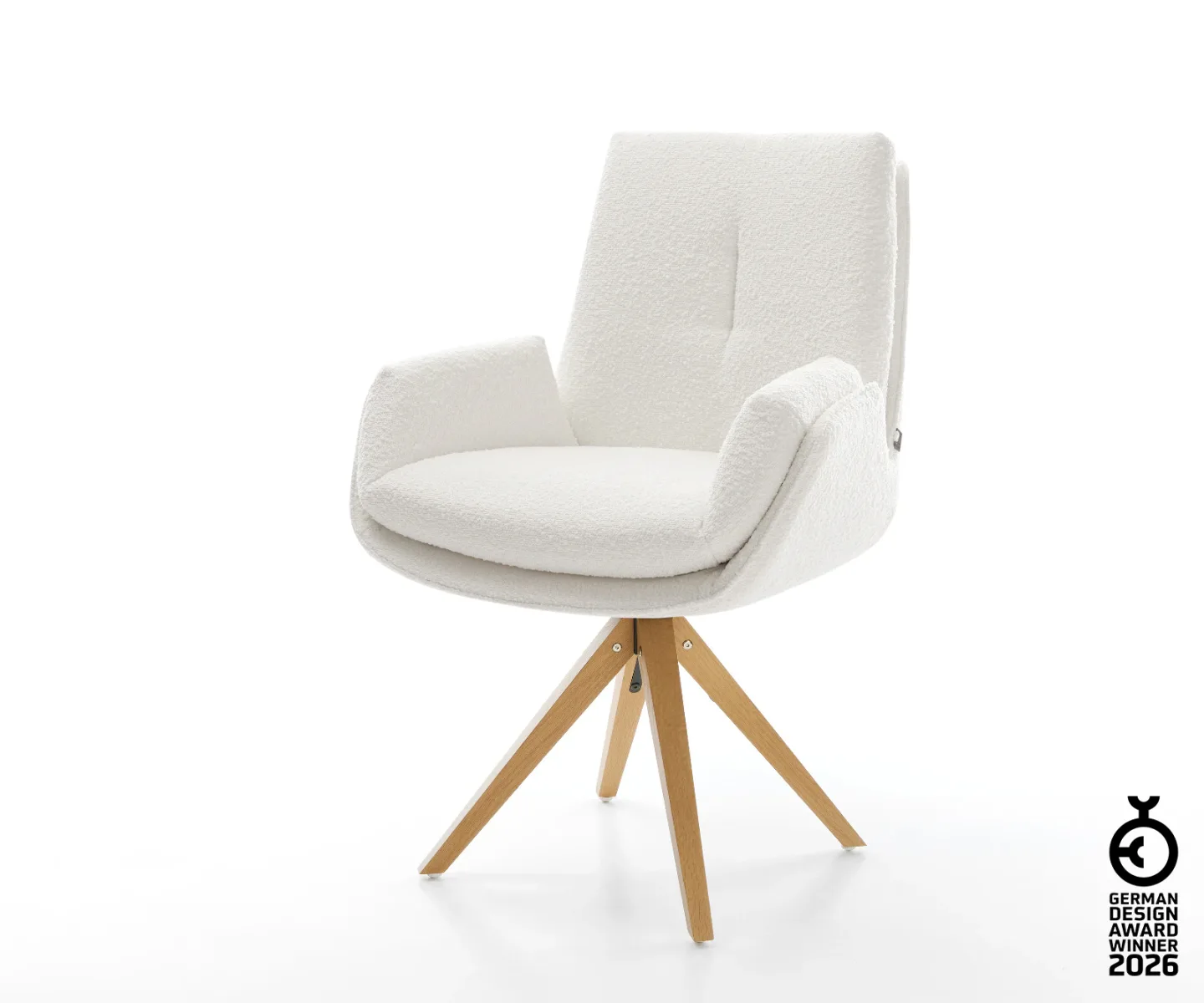 Drehstuhl Clea-Flex Bouclé Creme-Weiß Holzgestell kantig Natur 360° drehbar