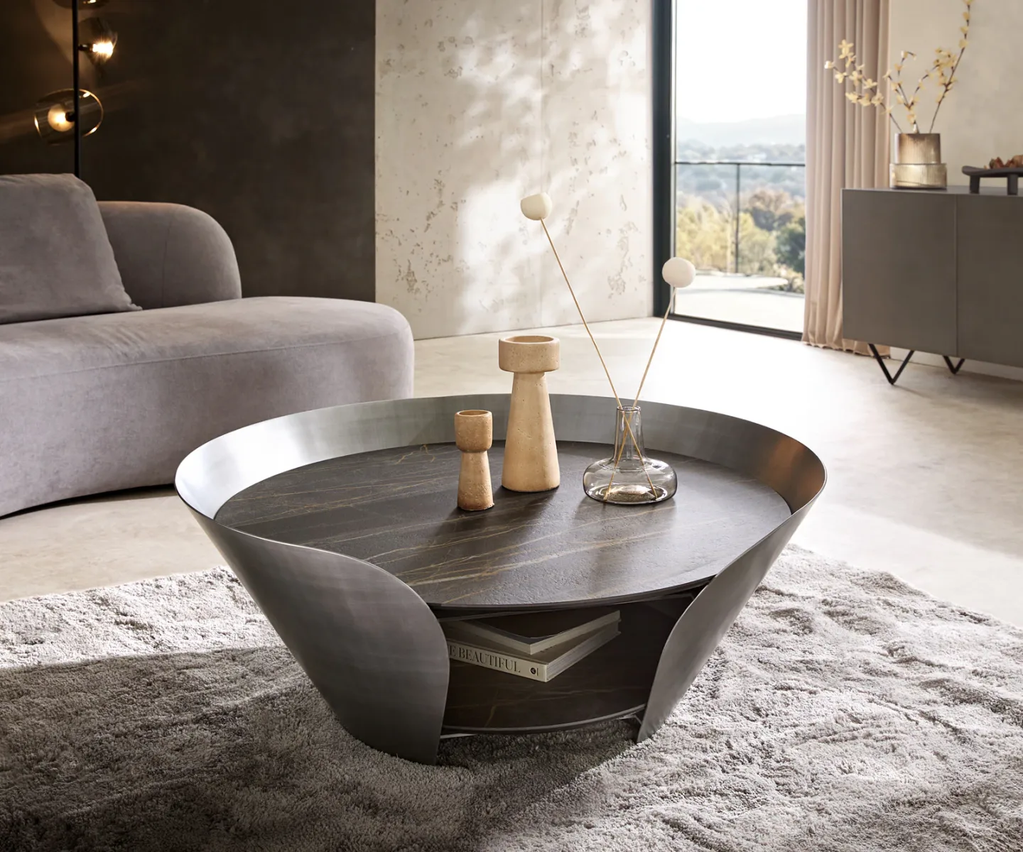 Couchtisch Skafi 100x40 cm Keramik Laminam® Noir Desir Braun Metallic Silber