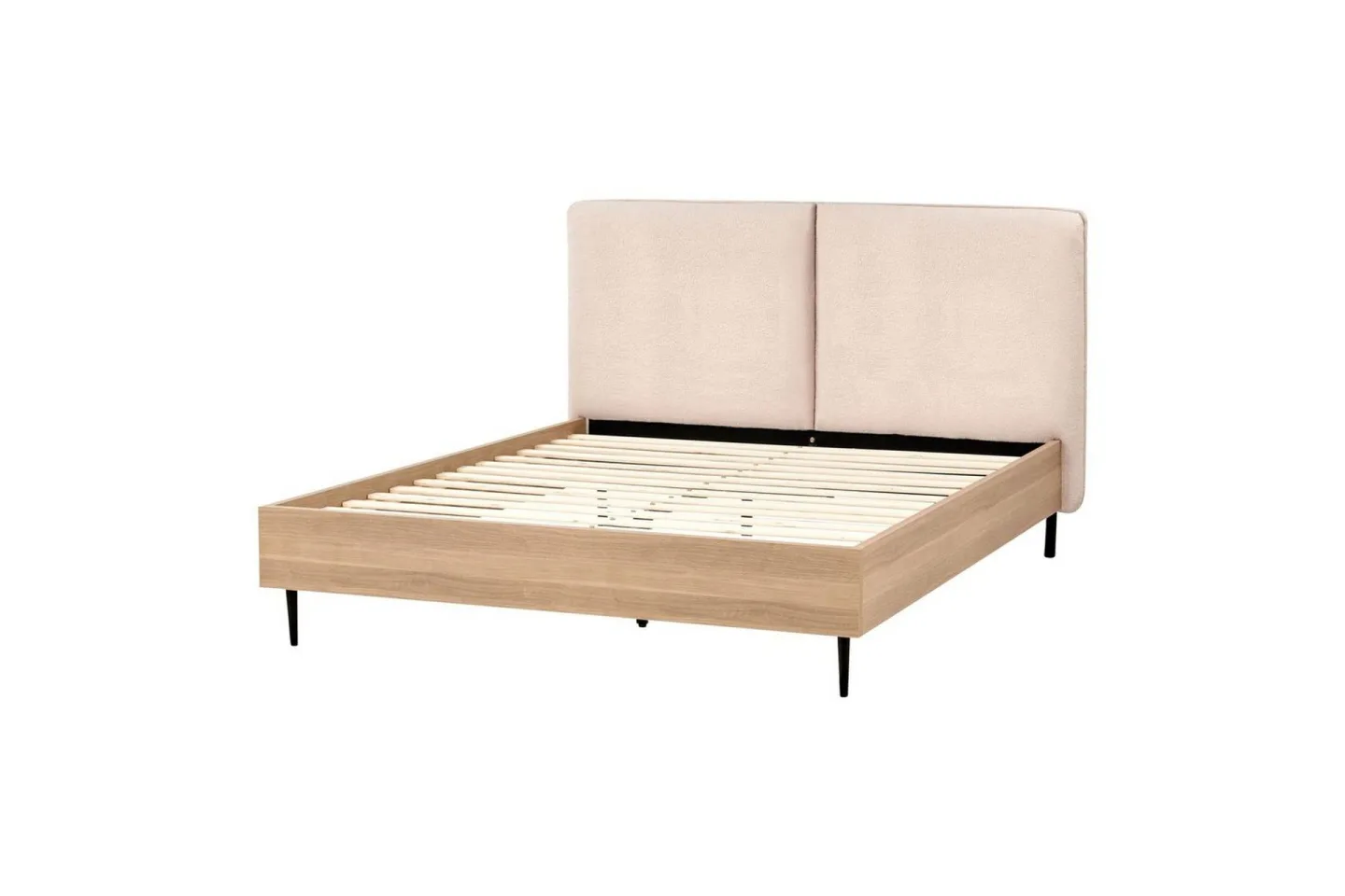 Säng med lamellram Limanton - Beige, ljust trä, svart/Bouclé, 140x200 cm