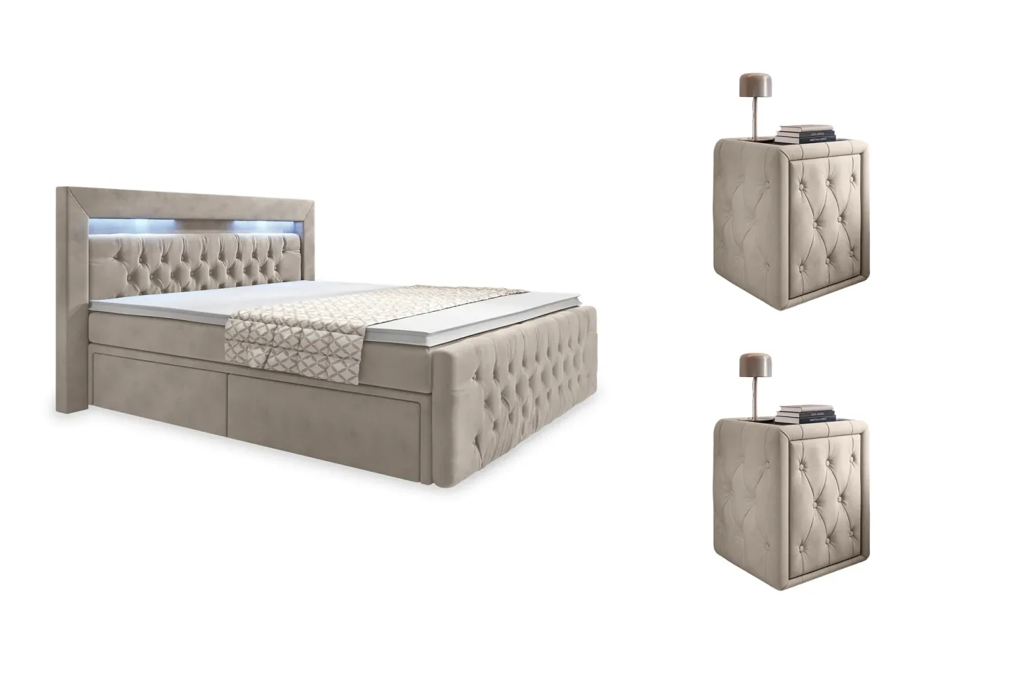Franco Komplett Sängpaket med förvaring LED-belysning 180x200 cm + 2st Franco Sängbord - Beige / Sammet