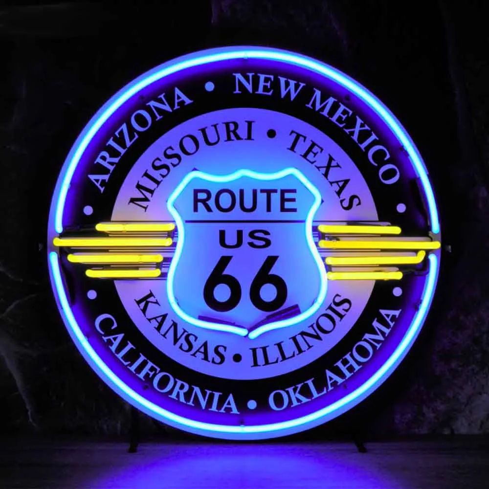 Neonskylt Route 66 All States med bakgrund
