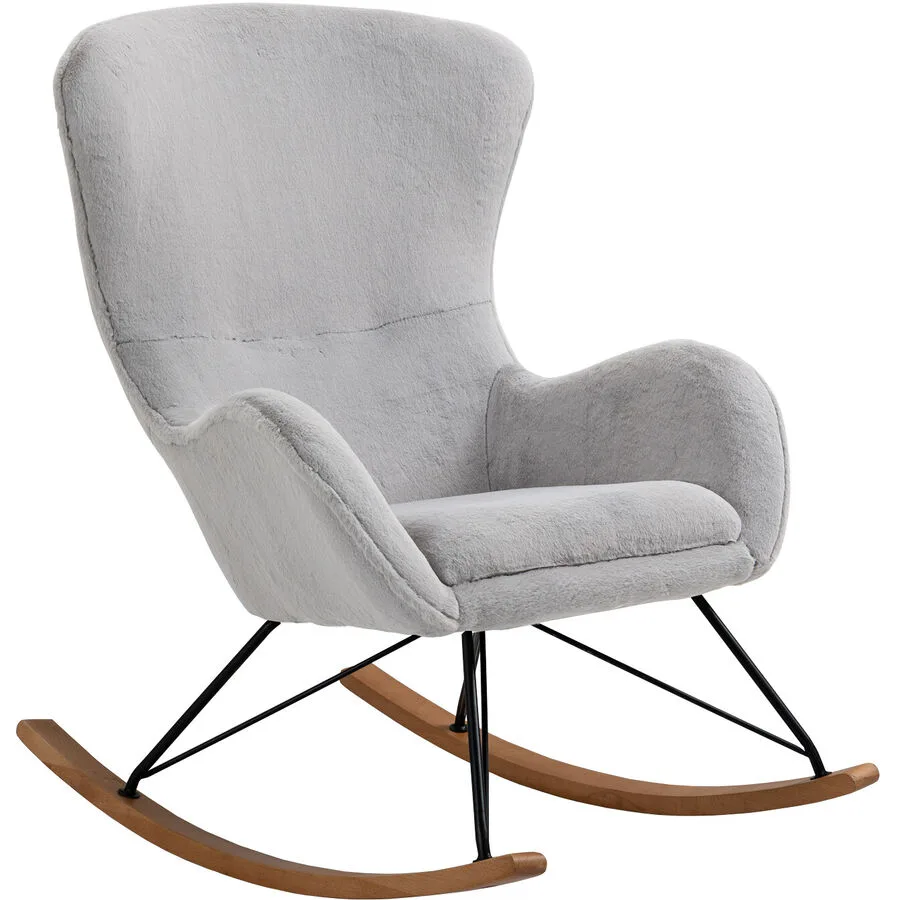 Schaukelstuhl Swing Hellgrau, Schwarz, Braun Lammfell Optik, Metall, Holz B 70 T 94 H 102 cm