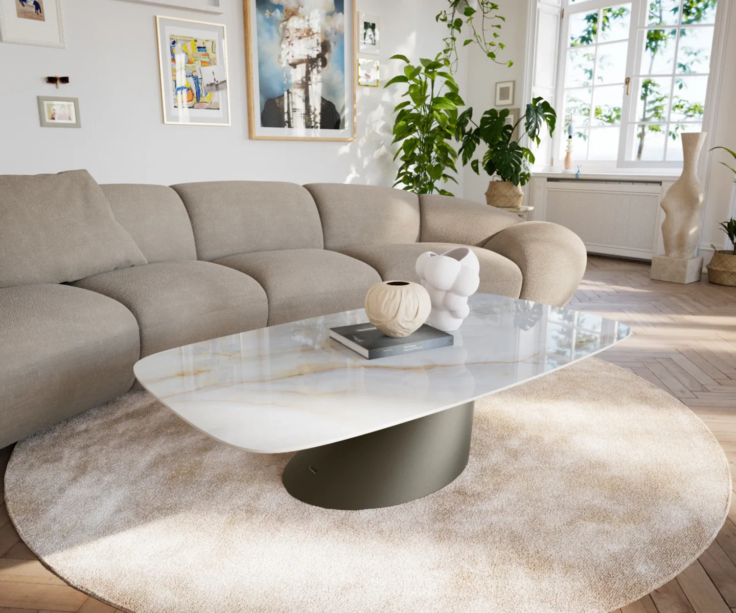 Couchtisch Edge Boot 140x80 cm Keramik Onyx Pearl Conis Metall Effektfinish Titan