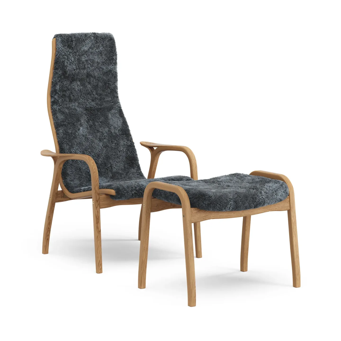 Swedese Lamino fåtölj och fotpall oljad ek/fårskinn Charcoal (mörkgrå)