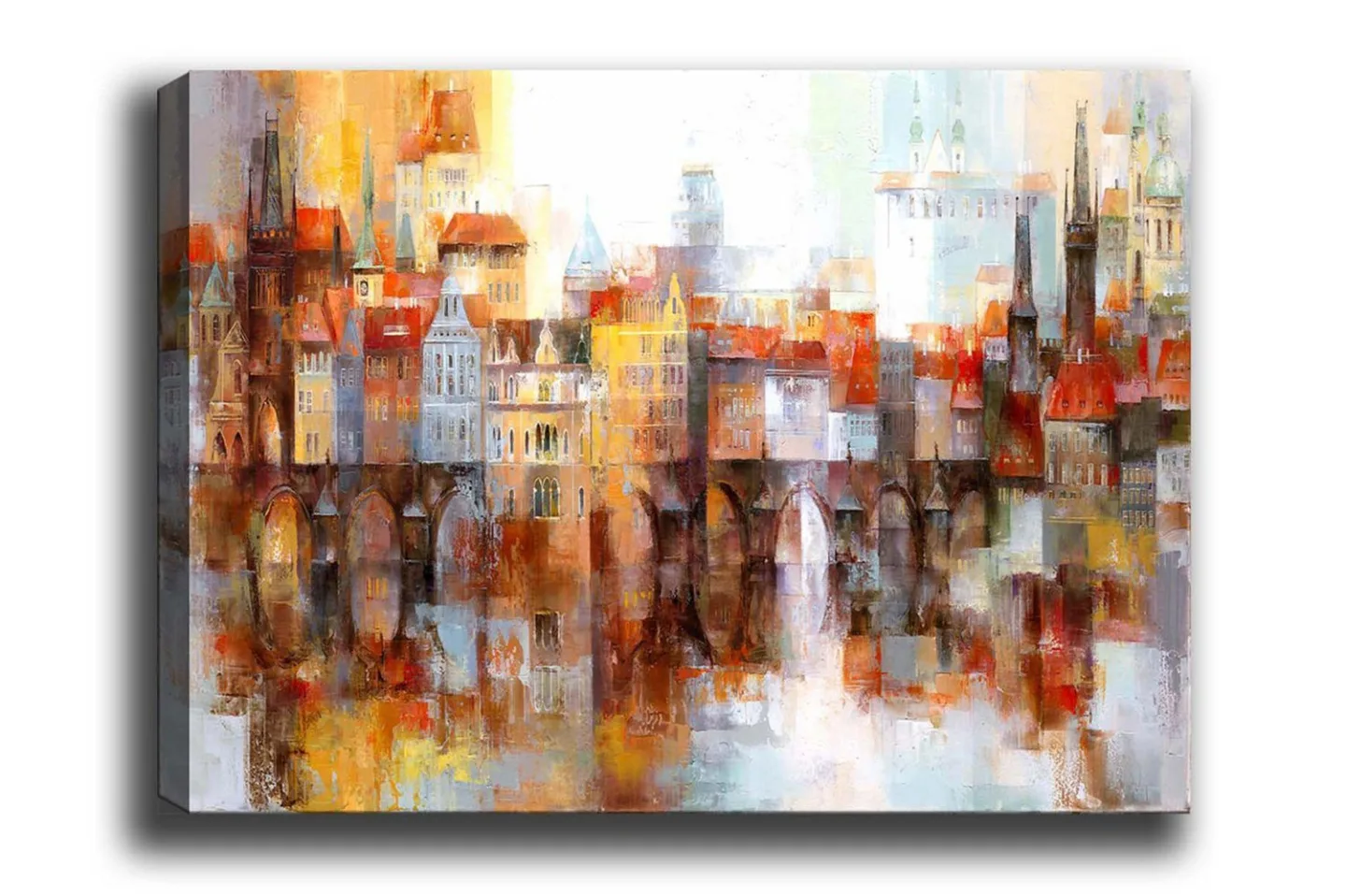 Canvastavla - Färgglad stadsbild med historiska byggnader och broar - Orange / Blå / Beige