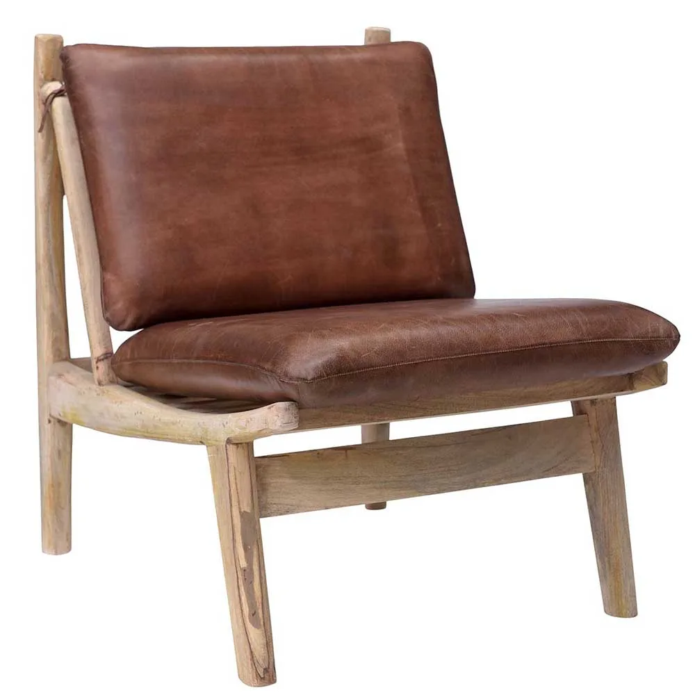 Loungestol med trä & läderkuddar Trademark Living