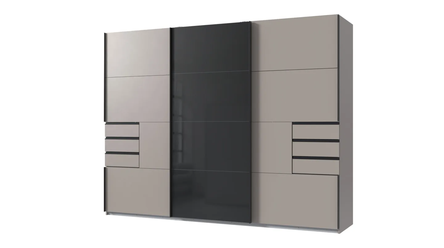 Schwebetürenschrank grau - schwarz mit Glasfront - 270 cm - SAIGON