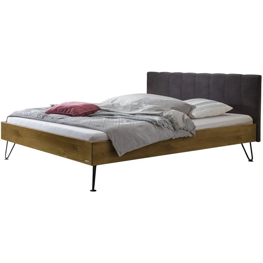 Hasena Bett Magni Schwarz, Natur Eiche, Stoff, Metall Massivholz 160 x 200 cm