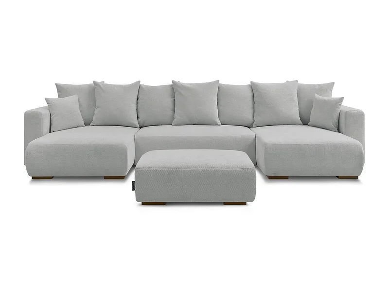 Panorama-Ecksofa mit Hocker BOBOCHIC SIDONIE Stoff chiniert hellgrau