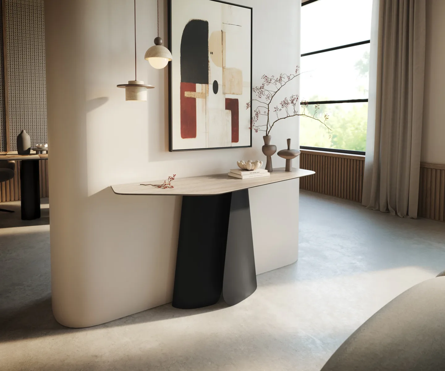 Konsolentisch Edge Polygonal 140x50 cm Keramik Laminam® Travertino Bianco Creme-Weiß Livos Metall Schwarz