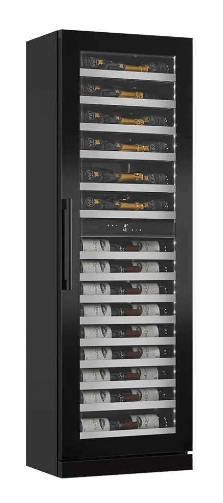 Einbau-Weinkühlschrank 60 cm Hochschrank - mQuvée WineCave Slim 182D Fullglass Black, schwarz, Leise, 2 Temperaturzonen