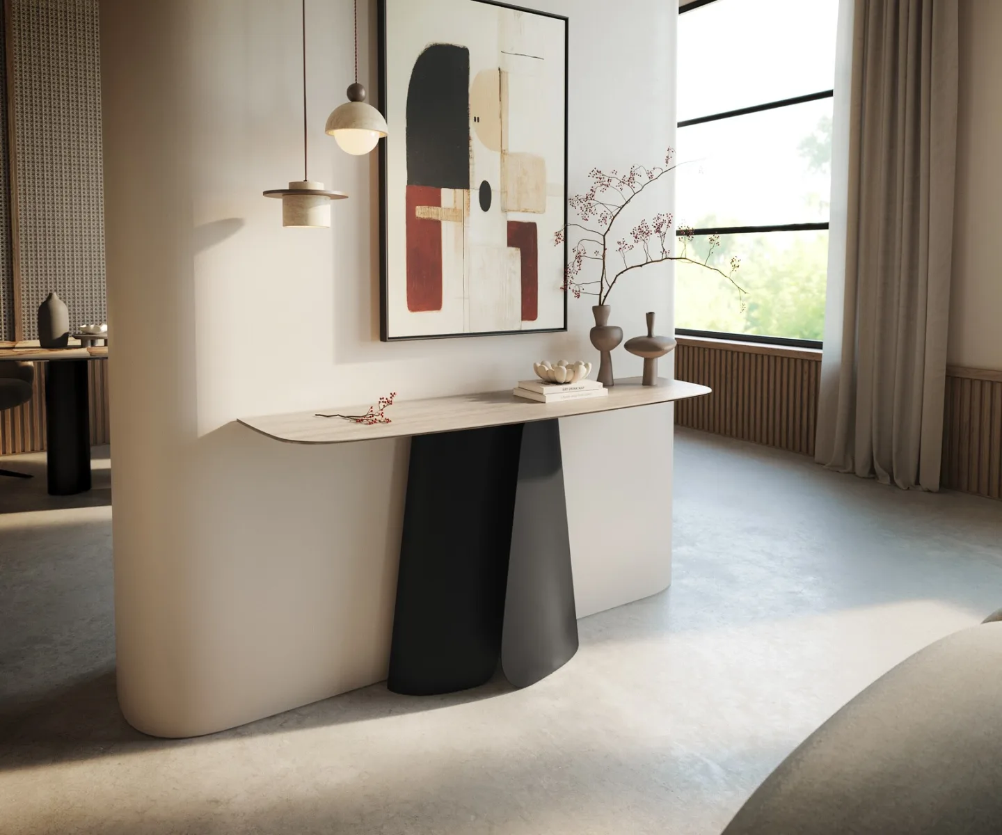 Konsolentisch Edge Boot 140x40 cm Keramik Laminam® Travertino Bianco Creme-Weiß Livos Metall Schwarz