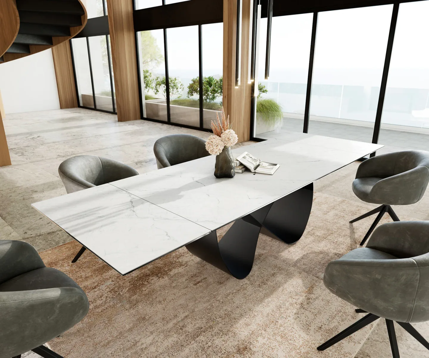 Esstisch Edge 200-300x100 cm Keramik Laminam® Statuarietto Weiß Infinity Metall Schwarz ausziehbar