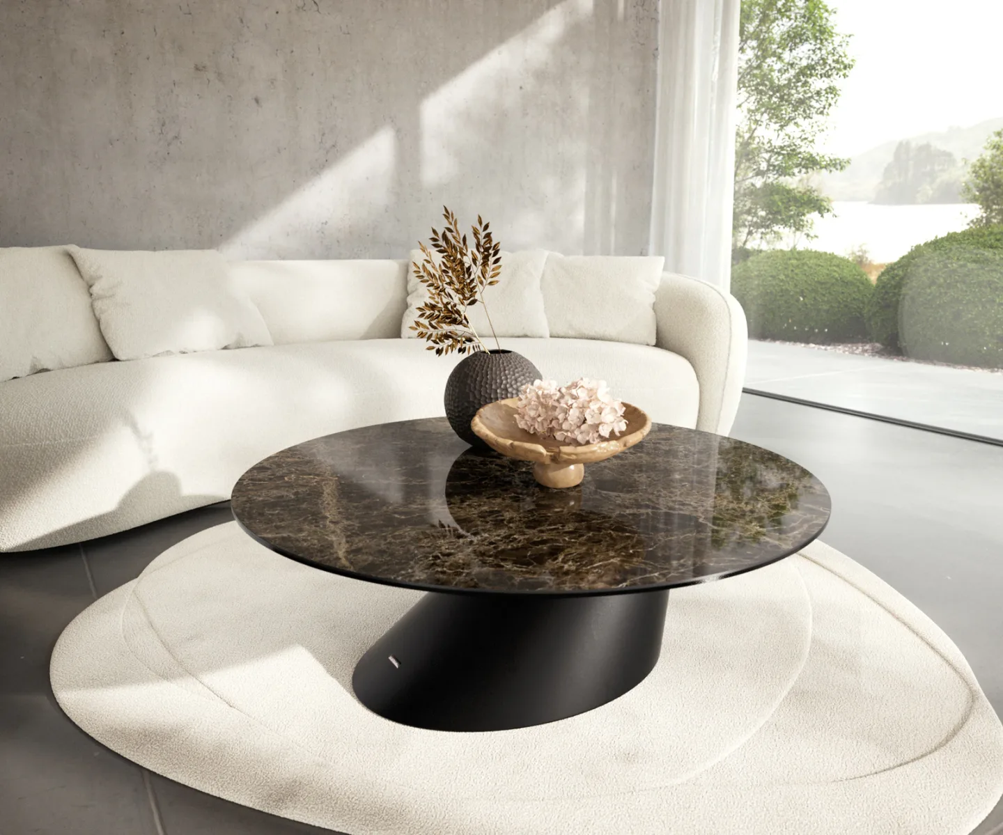 Couchtisch Edge Rund 100x100 cm Keramik Emperador Extra Lucidato Dunkelbraun Conis Metall Schwarz