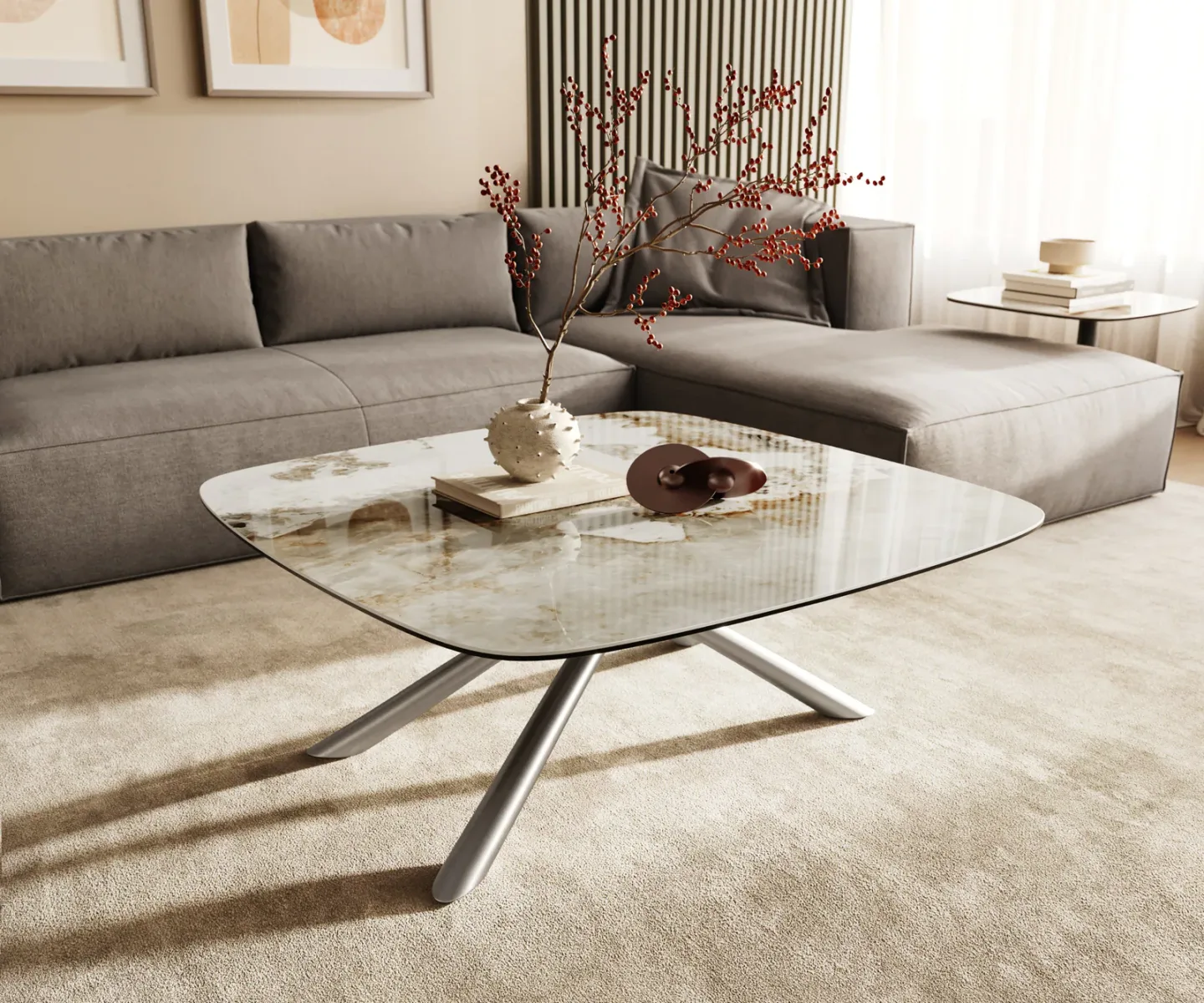 Couchtisch Edge Boot 90x90 cm Keramik Minas Melange Sarity Edelstahl gebürstet