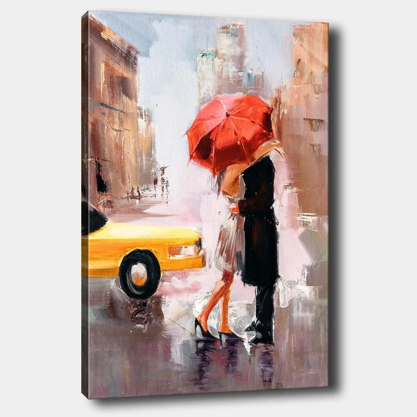 Canvastavla 70x100 cm - Romantisk kyss under ett röd paraply i en stadsmiljö - Röd / Svart / Gul