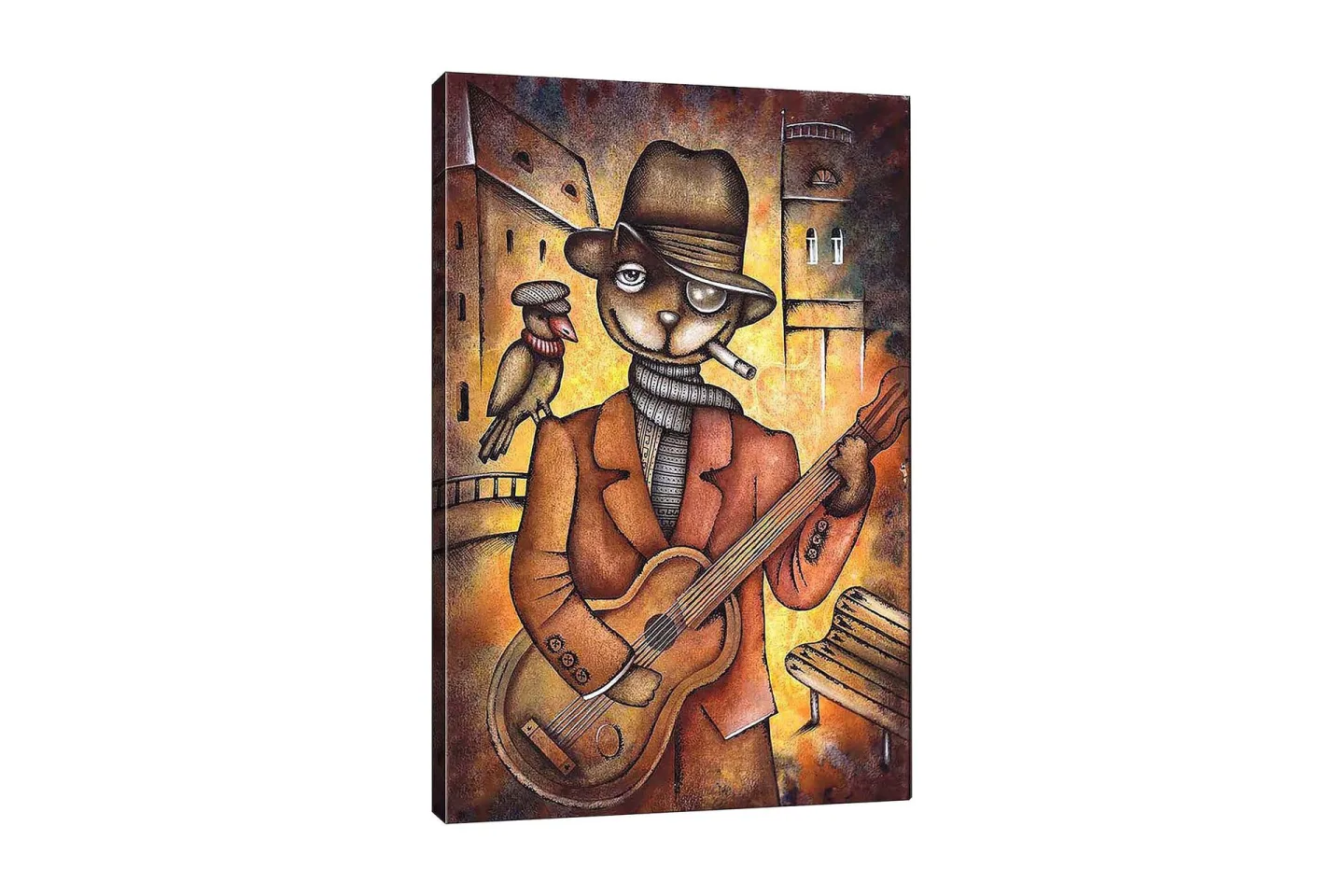 Canvastavla 70x100 cm - Kattklädd musiker spelar gitarr med en fågel på axeln i en stadsmiljö - Brun / Orange / Beige
