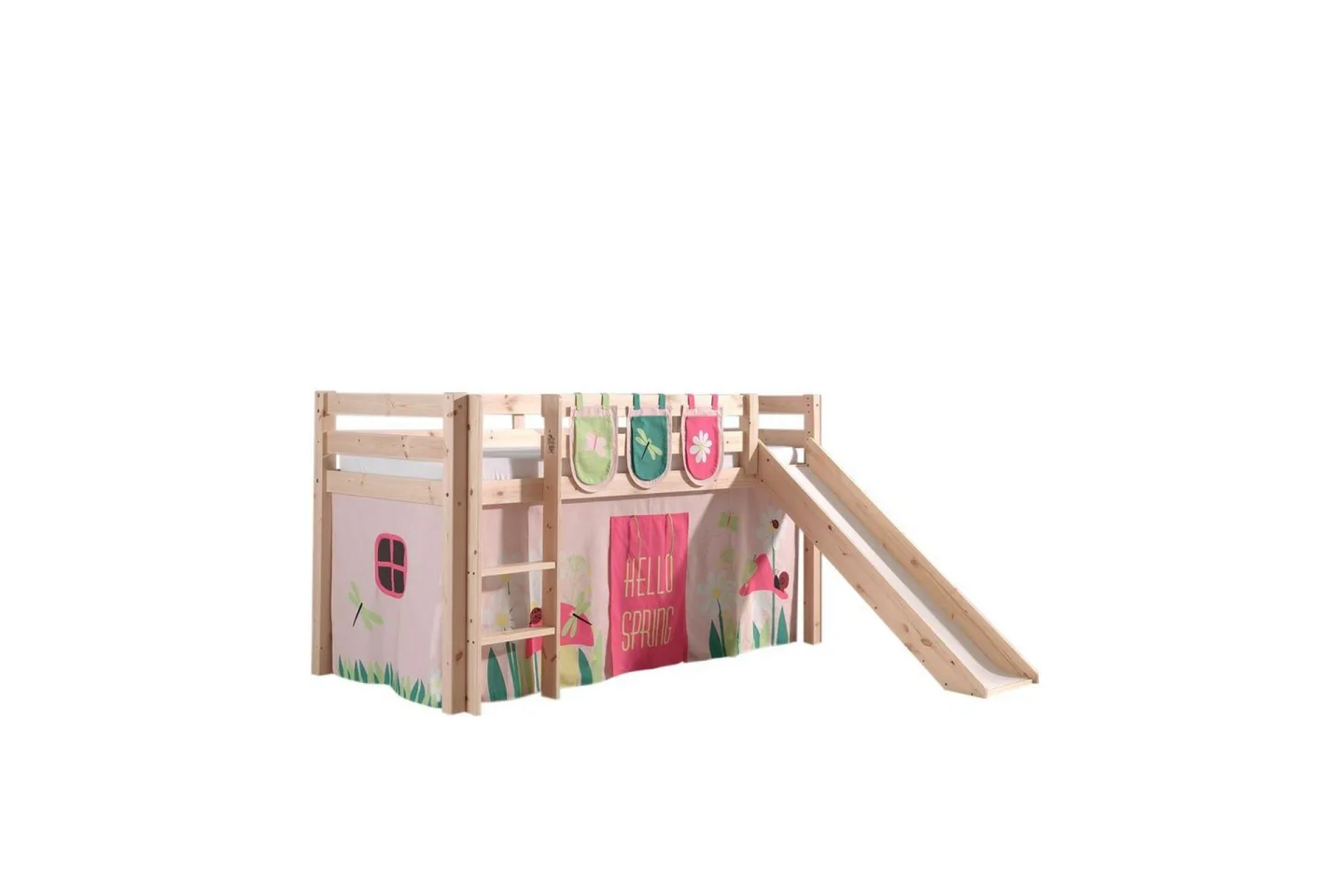 Halvhöjdssäng med gardin Pino Spring Naturlig, Naturlig, Med rutschkana, Utan tunnel, 3 - Naturlig, Naturlig, Med rutschkana, Utan tunnel, 3