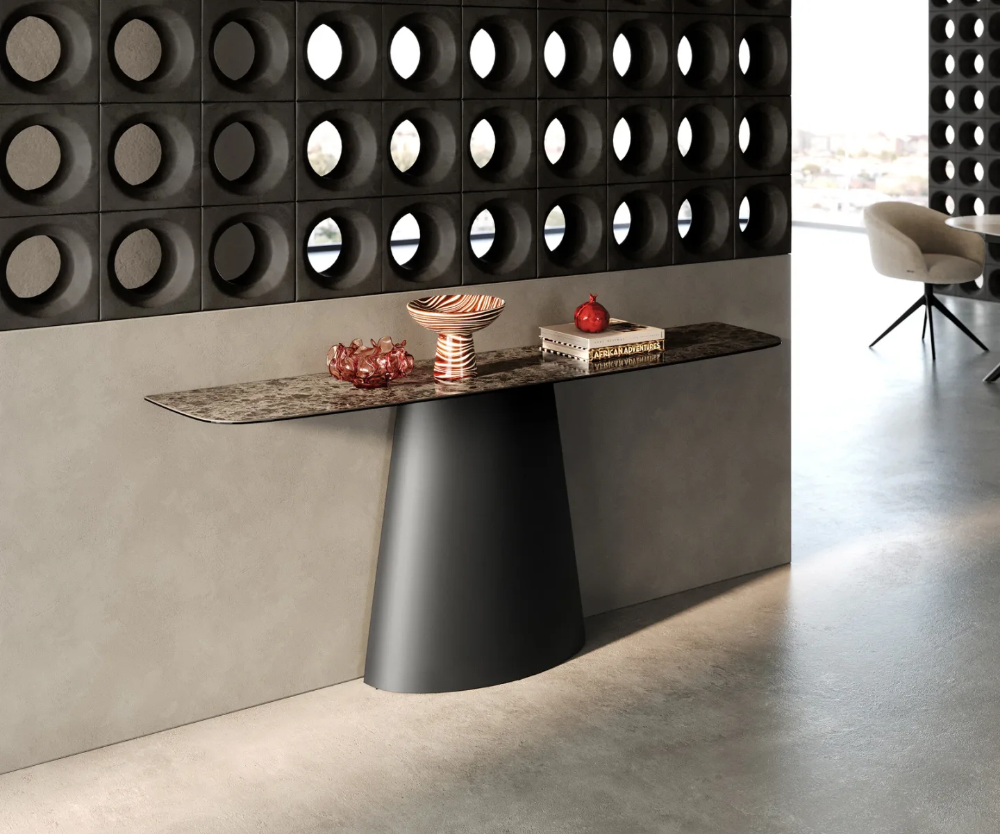 Konsolentisch Edge Boot 180x40 cm Keramik Emperador Extra Lucidato Dunkelbraun Conos Metall Schwarz