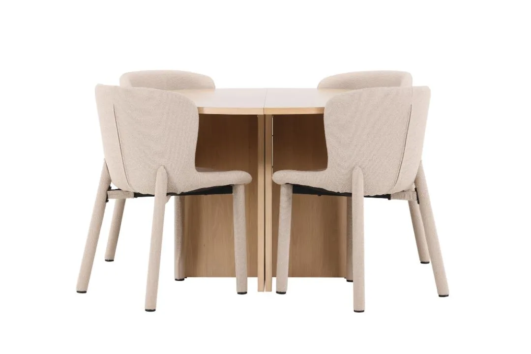 Strada Essgruppe Ausziehtisch Ø120cm, 170cm und 4 Stühle whitewash, beige.