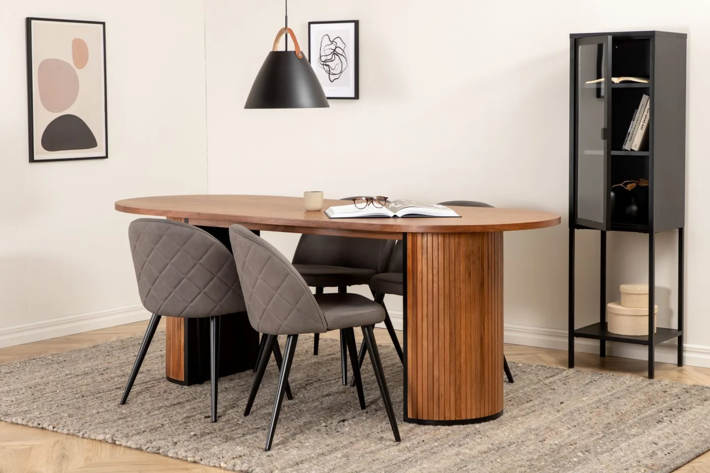 Biana Matgrupp 200 cm Oval inkl 4 Velvets Stolar - Valnötsbrun/Grå/Svart