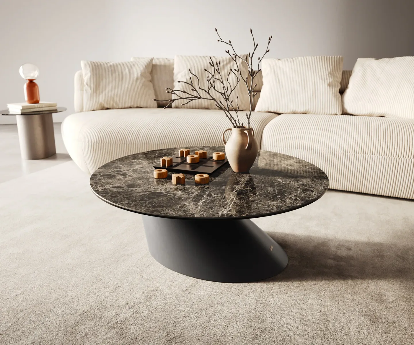 Couchtisch Edge Rund 90x90 cm Keramik Emperador Extra Lucidato Dunkelbraun Conis Metall Schwarz
