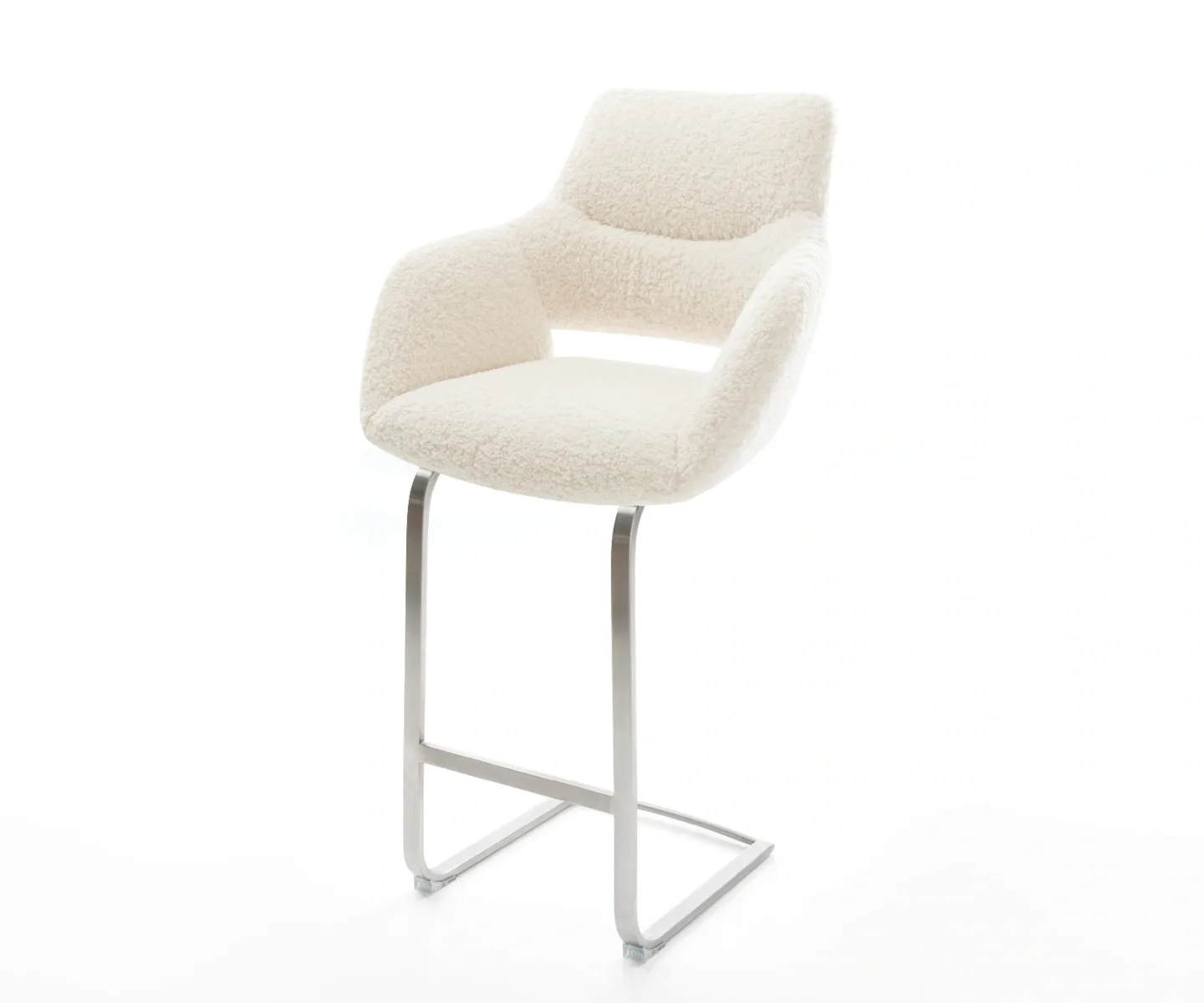 Barstuhl Yago-Flex Teddystoff Beige Freischwinger Flach Edelstahl Silberfarben Taschenfederkern