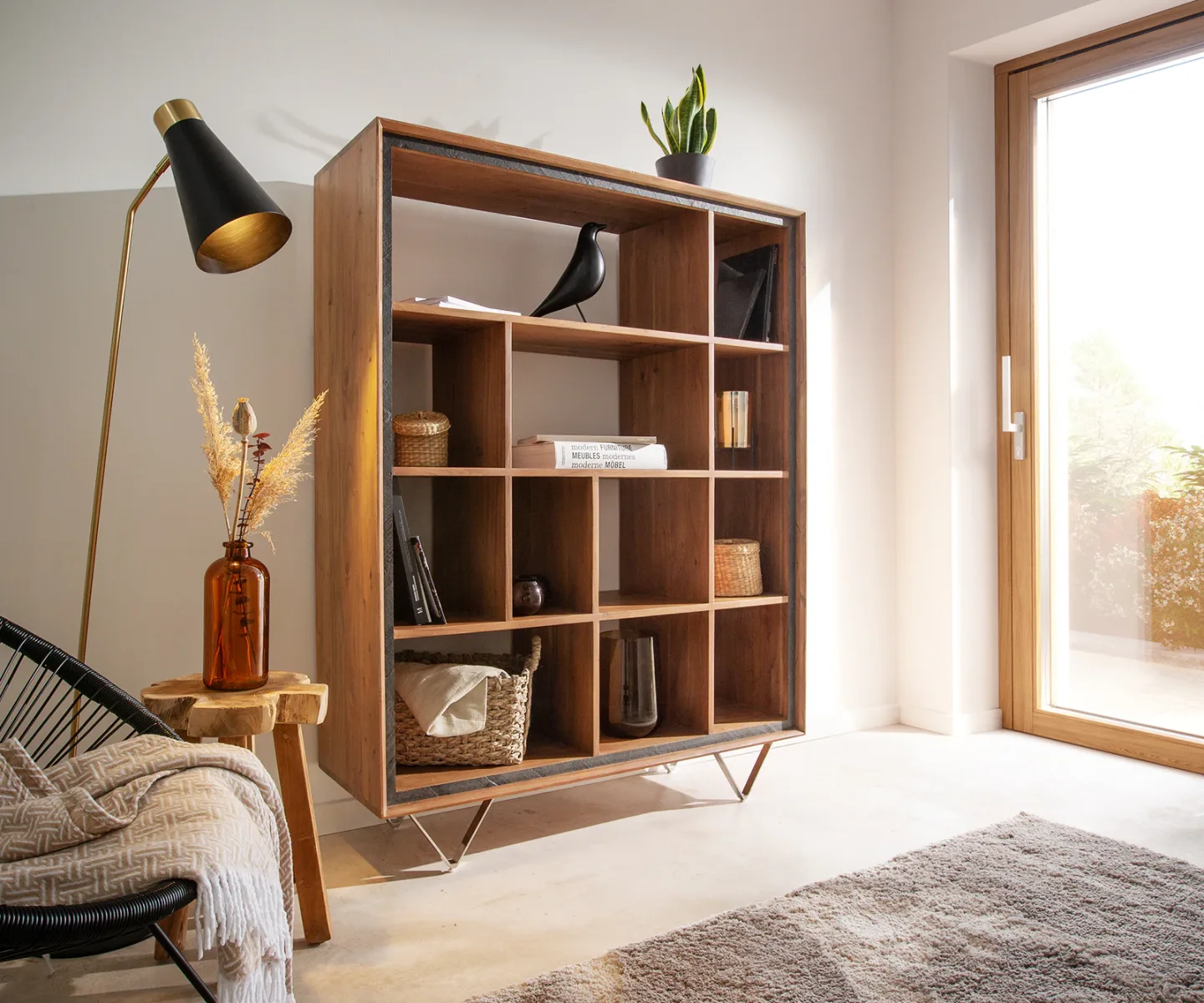 Highboard Stonegrace 115x150 Akazie Natur 12 Fächer Steinfurnier V-Fuß