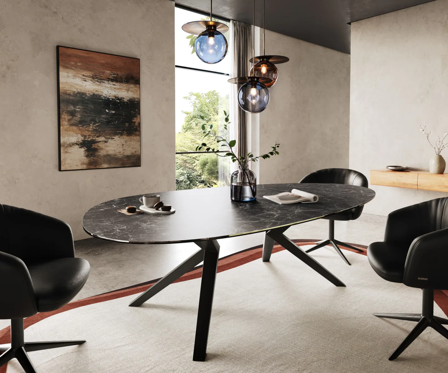 Esstisch Edge Oval 220x120 Keramik Laminam® Nero Greco Anthrazit Zenthara kantig Metall Schwarz