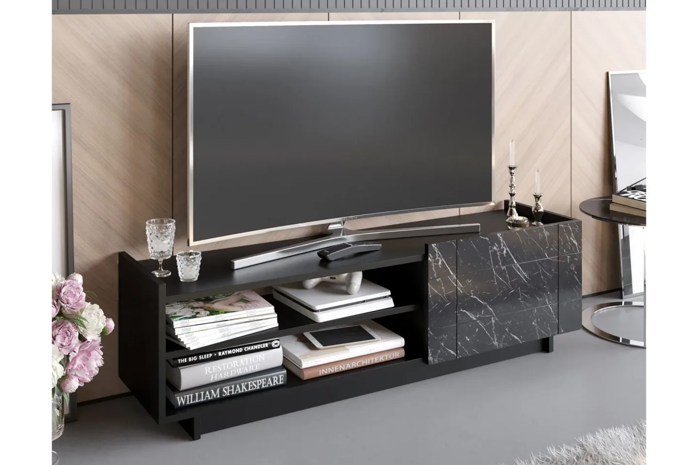 Ulica Tv-bänk 140 cm Dörr + 3 Hyllor - Svart